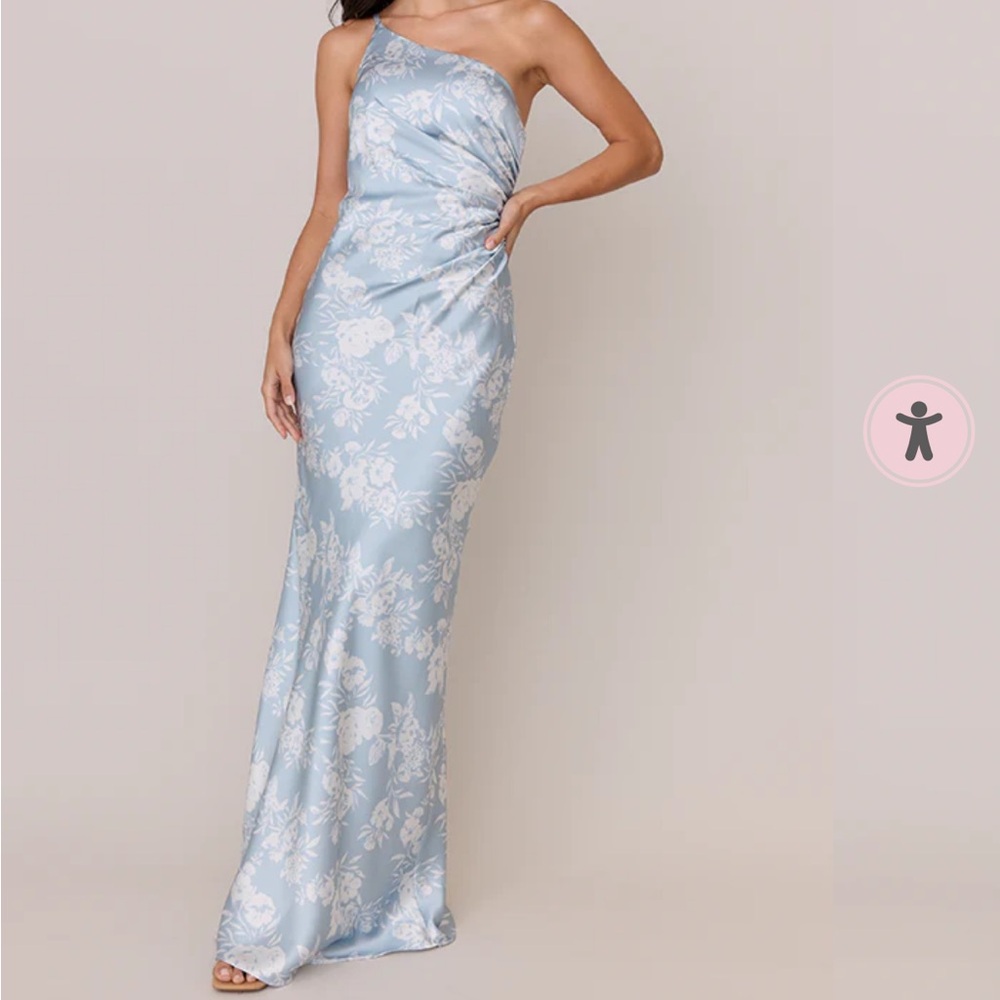 Revelry One-Shoulder Light Blue and White Floral Gown